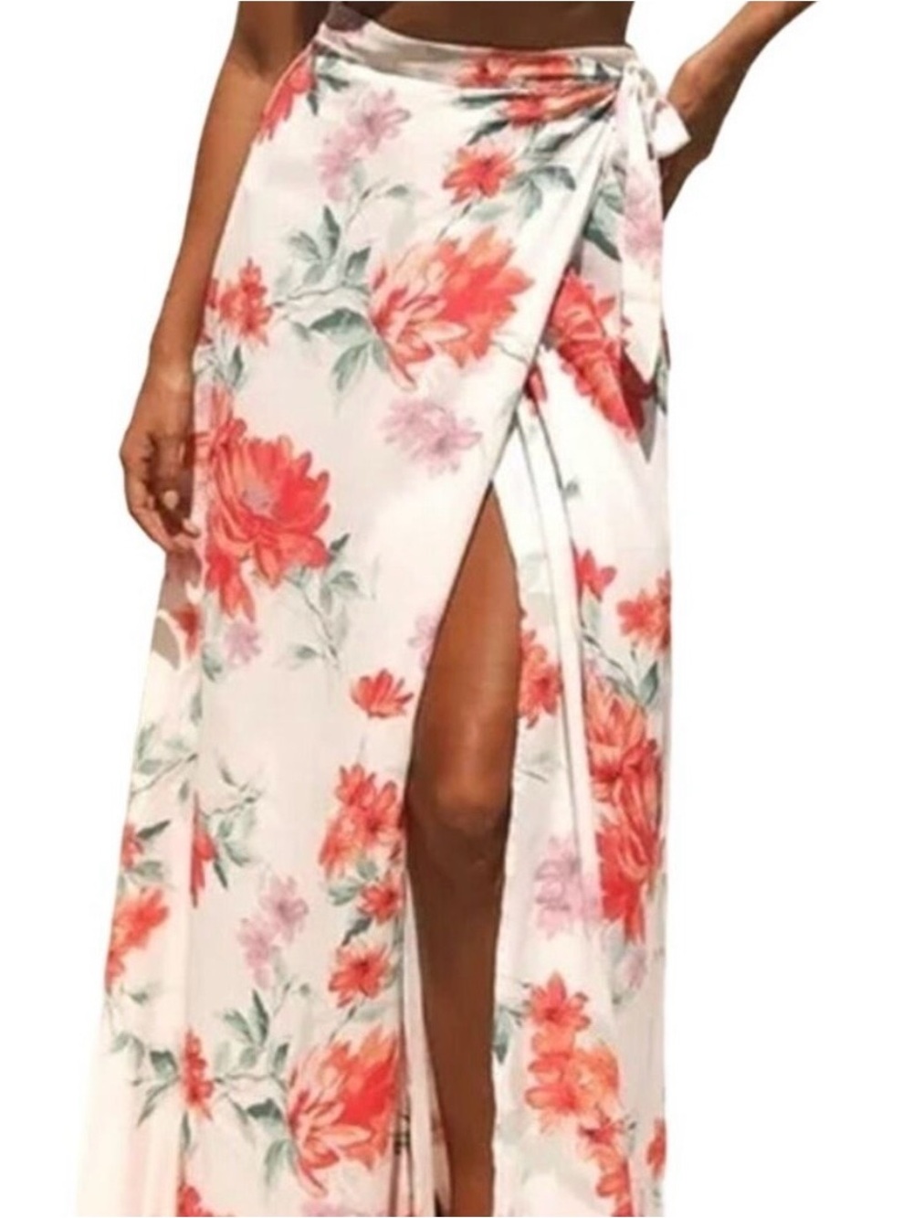Lulu's Maxi Wrap Skirt High Rise Tie Waist Floral Pattern White Red Small